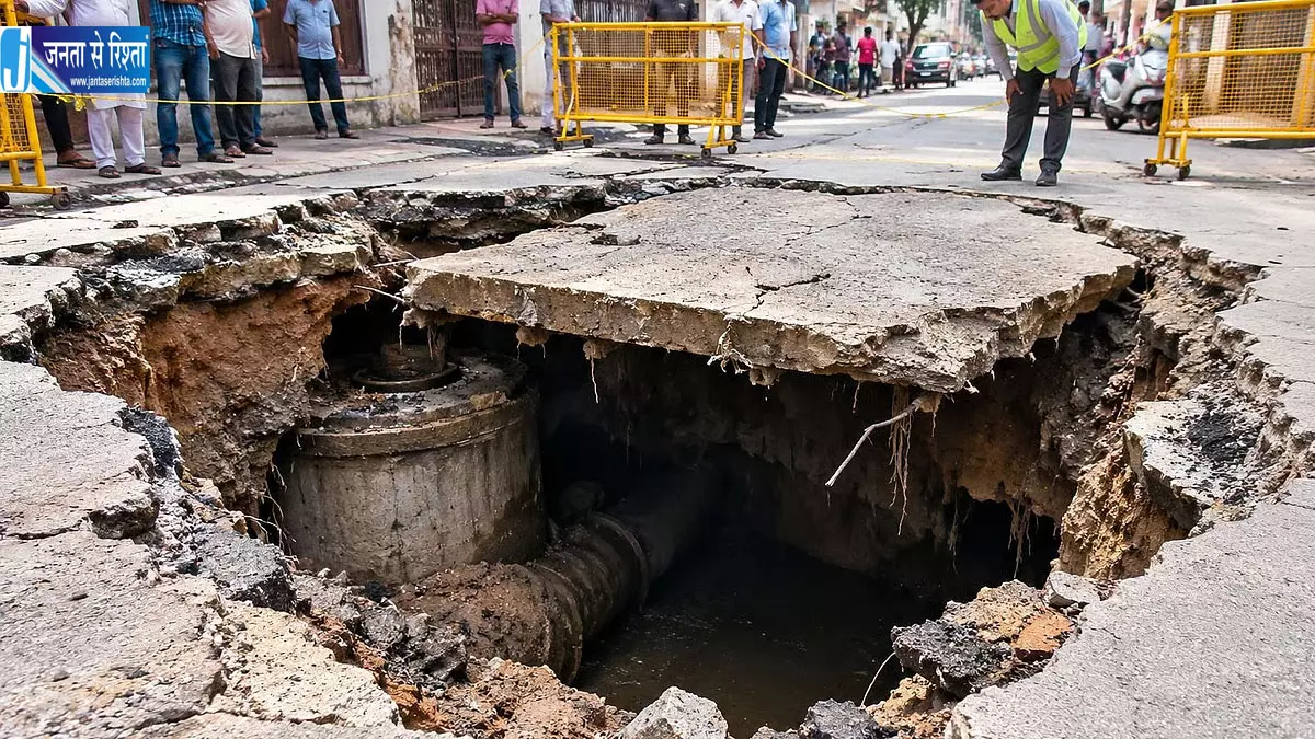 इंदौर में चार महीने में पांचवीं बार धंसी सड़क, परदेशीपुरा में बना गहरा गड्ढा इंदौर में चार महीने में पांचवीं बार धंसी सड़क, परदेशीपुरा में बना गहरा गड्ढा