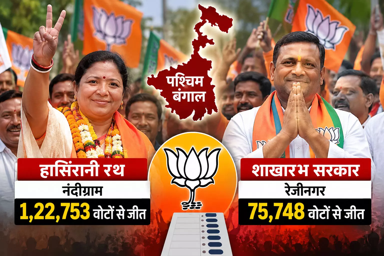 बंगाल उपचुनाव में भाजपा की बड़ी जीत, नंदीग्राम में हासिरानी रथ ने 1.22 लाख वोटों से मारी बाजी बंगाल उपचुनाव में भाजपा की बड़ी जीत, नंदीग्राम में हासिरानी रथ ने 1.22 लाख वोटों से मारी बाजी