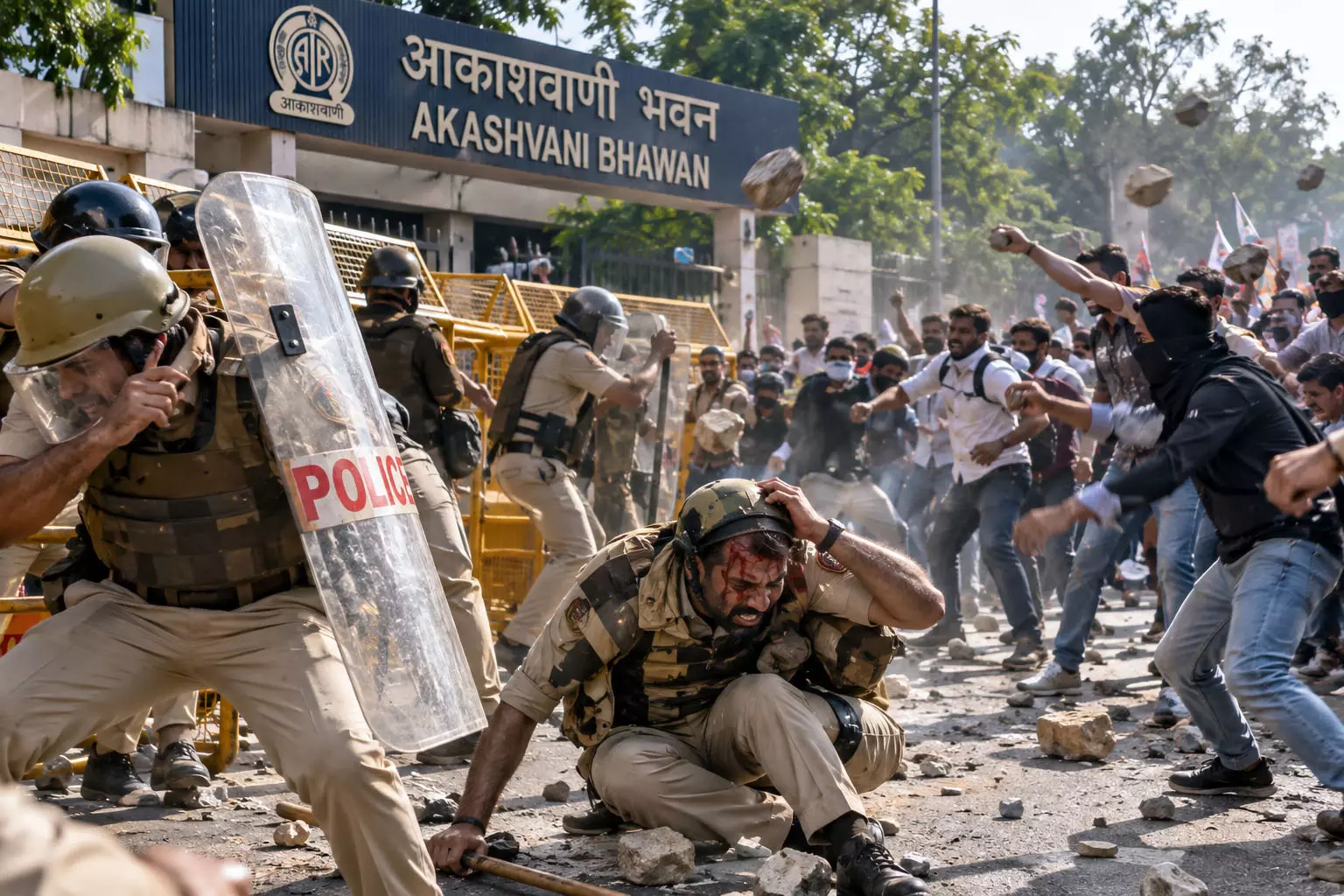 आकाशवाणी भवन के पास पुलिसकर्मियों पर पथराव, दो जवान घायल आकाशवाणी भवन के पास पुलिसकर्मियों पर पथराव, दो जवान घायल