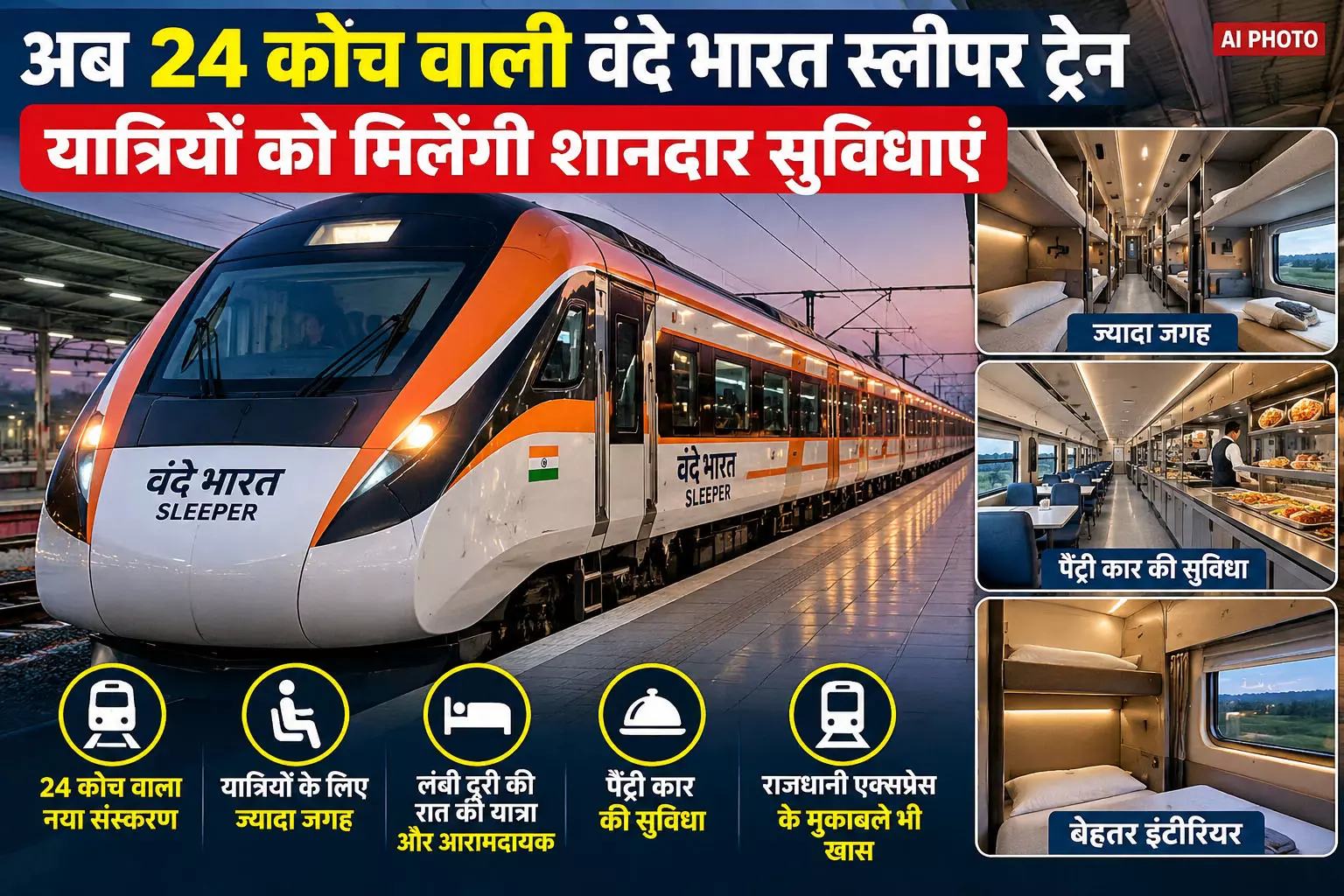 अब 24 कोच वाली वंदे भारत स्लीपर ट्रेन, यात्रियों को मिलेंगी शानदार सुविधाएं अब 24 कोच वाली वंदे भारत स्लीपर ट्रेन, यात्रियों को मिलेंगी शानदार सुविधाएं