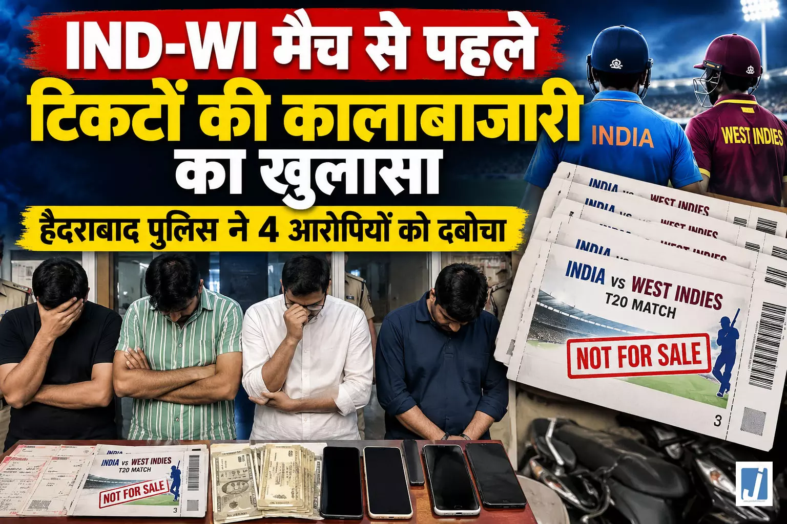 IND-WI मैच से पहले टिकटों की कालाबाजारी का खुलासा, पुलिस ने 4 को दबोचा IND-WI मैच से पहले टिकटों की कालाबाजारी का खुलासा, पुलिस ने 4 को दबोचा