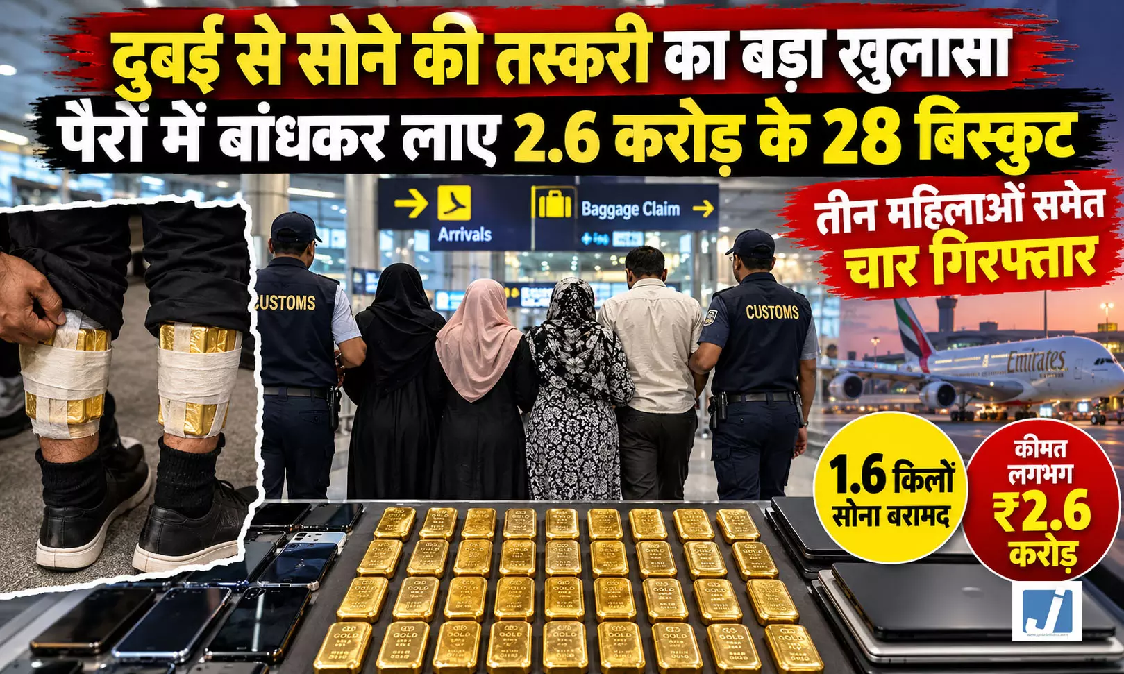 DUBAI से पैरों में बांधकर लाए 2.6 करोड़ का सोना, एयरपोर्ट पर चार गिरफ्तार DUBAI से पैरों में बांधकर लाए 2.6 करोड़ का सोना, एयरपोर्ट पर चार गिरफ्तार