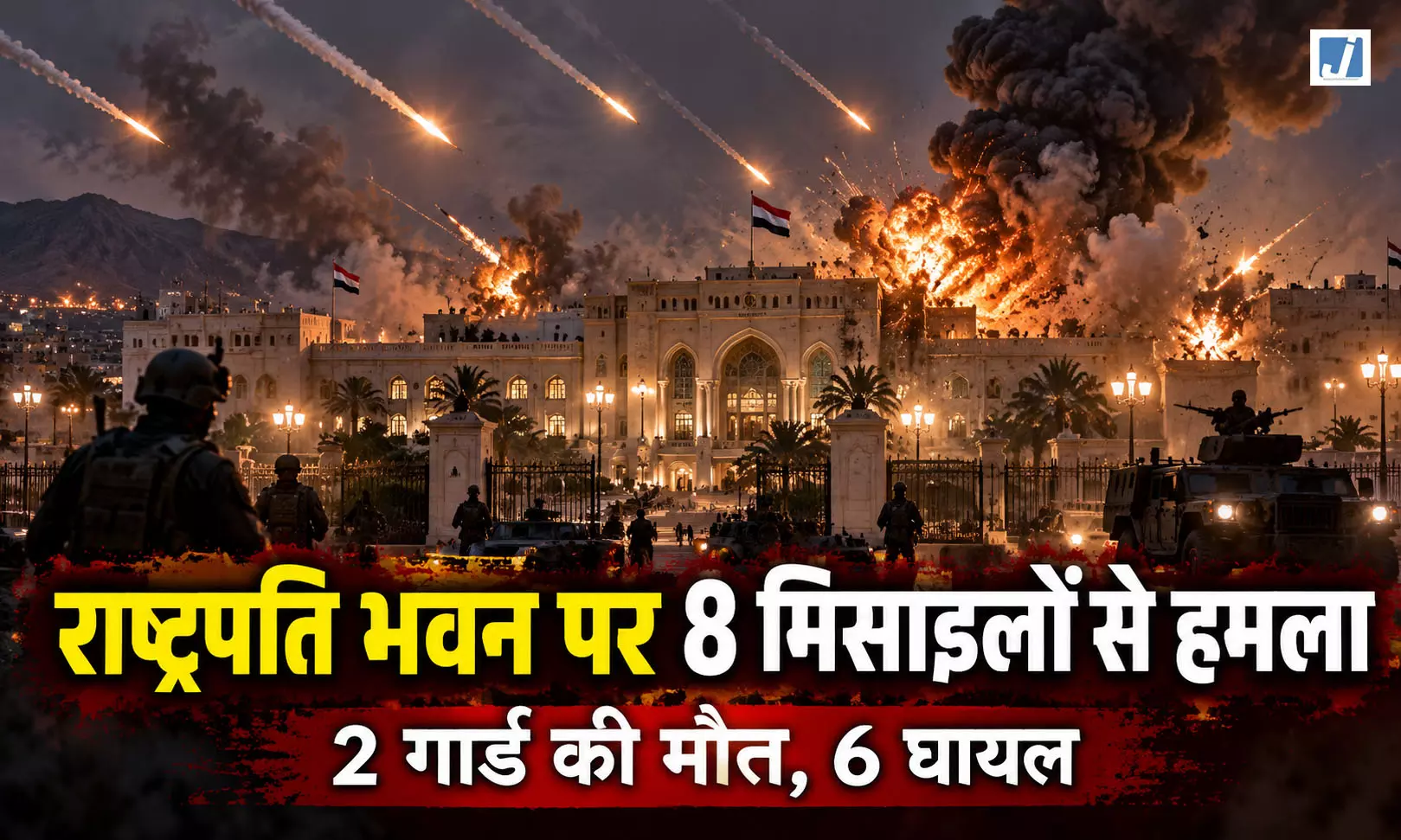 राष्ट्रपति भवन पर 8 बैलिस्टिक मिसाइलों से हमले का दावा, 2 गार्ड की मौत, 6 घायल राष्ट्रपति भवन पर 8 बैलिस्टिक मिसाइलों से हमले का दावा, 2 गार्ड की मौत, 6 घायल
