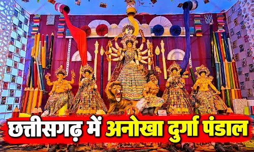 छत्तीसगढ़ में अनोखा दुर्गा पंडाल: कॉपी-किताब और पेन से सजावट, विसर्जन के बाद बच्चों में बांटे जाएंगे सामान