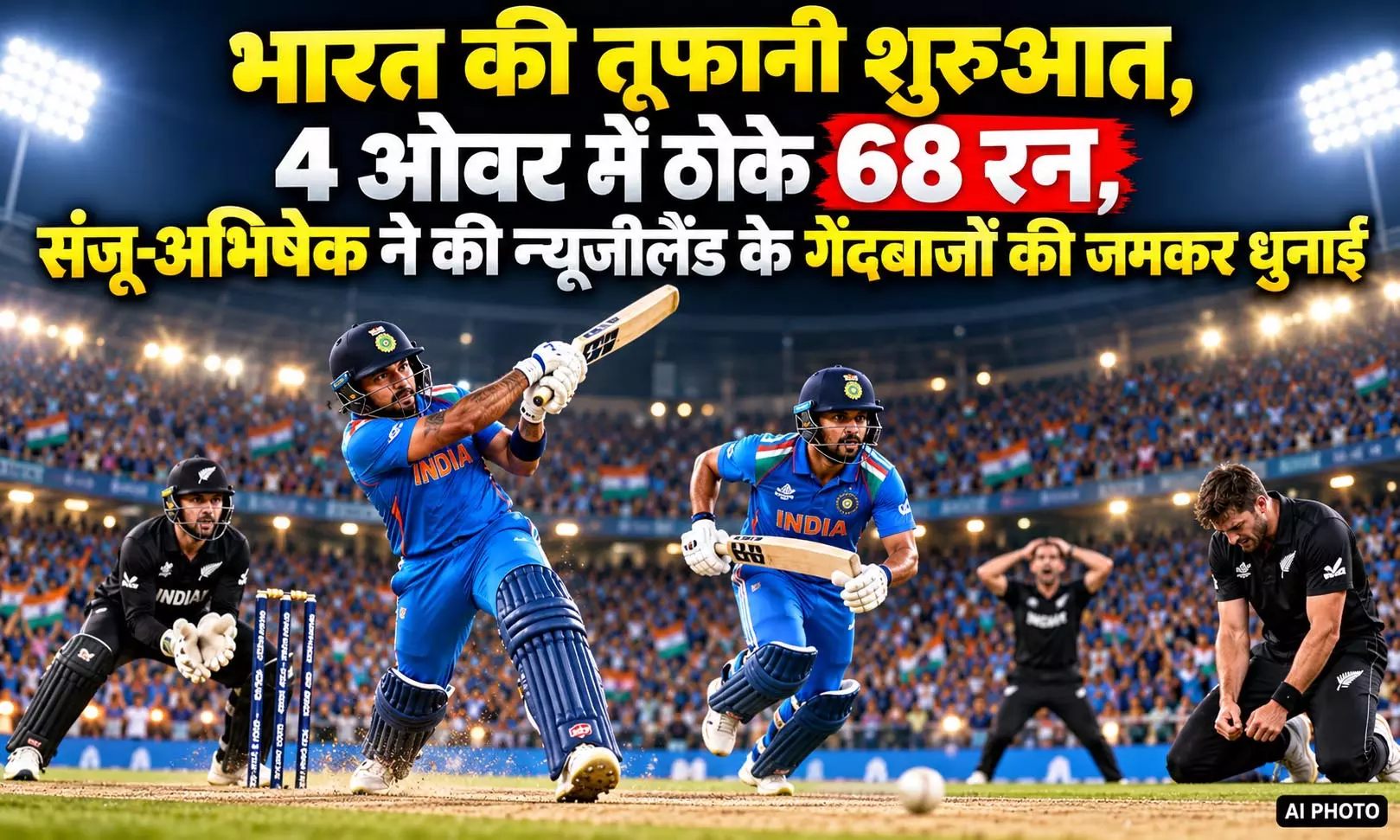 भारत की तूफानी शुरुआत, 4 ओवर में ठोके 68 रन, संजू-अभिषेक ने की न्यूजीलैंड के गेंदबाजों की जमकर धुनाई भारत की तूफानी शुरुआत, 4 ओवर में ठोके 68 रन, संजू-अभिषेक ने की न्यूजीलैंड के गेंदबाजों की जमकर धुनाई