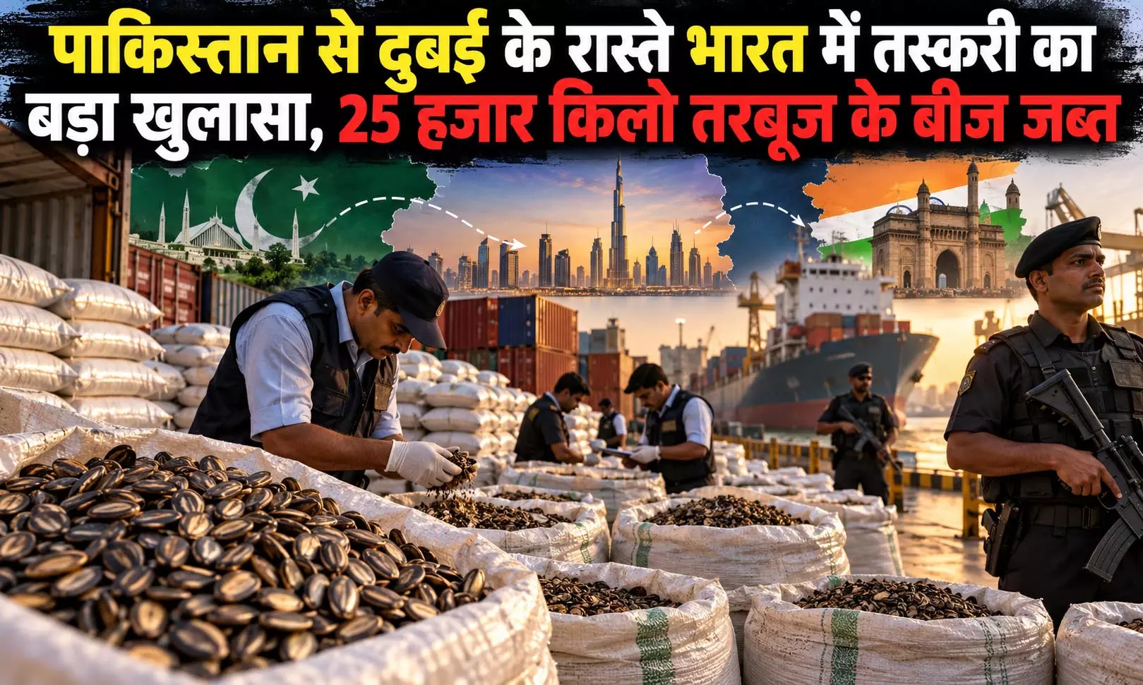 पाकिस्तान से दुबई के रास्ते भारत में तस्करी का बड़ा खुलासा, 25 हजार किलो तरबूज के बीज जब्त पाकिस्तान से दुबई के रास्ते भारत में तस्करी का बड़ा खुलासा, 25 हजार किलो तरबूज के बीज जब्त