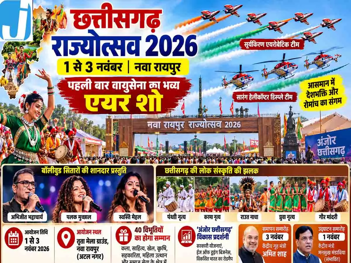 CG राज्योत्सव 2026 में पहली बार वायुसेना का एयर शो, बॉलीवुड सितारे सजाएंगे महफिल, अमित शाह करेंगे समापन CG राज्योत्सव 2026 में पहली बार वायुसेना का एयर शो, बॉलीवुड सितारे सजाएंगे महफिल, अमित शाह करेंगे समापन