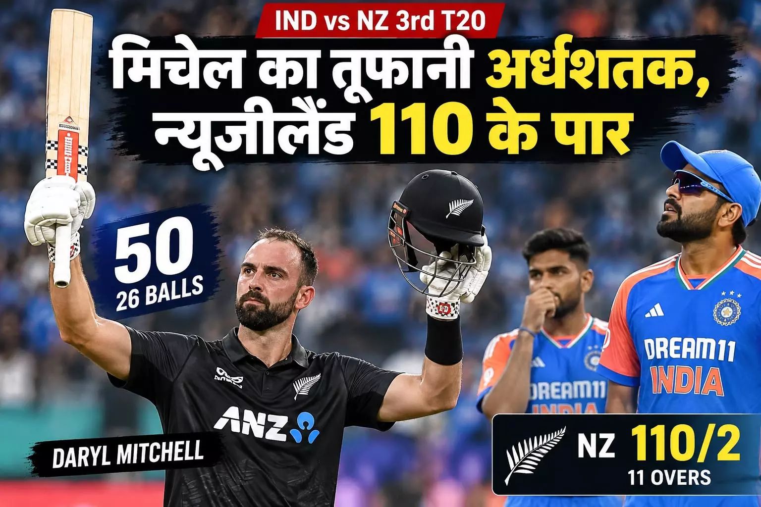 IND vs NZ: मिचेल का तूफानी अर्धशतक, न्यूजीलैंड 110 के पार IND vs NZ: मिचेल का तूफानी अर्धशतक, न्यूजीलैंड 110 के पार