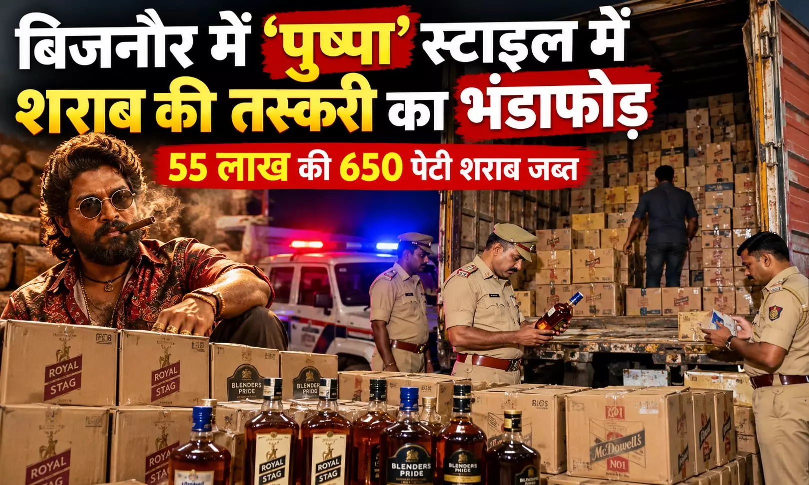बिजनौर में पुष्पा स्टाइल में शराब की तस्करी का भंडाफोड़, 55 लाख की 650 पेटी शराब जब्त बिजनौर में पुष्पा स्टाइल में शराब की तस्करी का भंडाफोड़, 55 लाख की 650 पेटी शराब जब्त